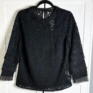 J.Crew Black Floral Lace Tiered Tulle Ruffle Sleeve Coquette Top Size Small New